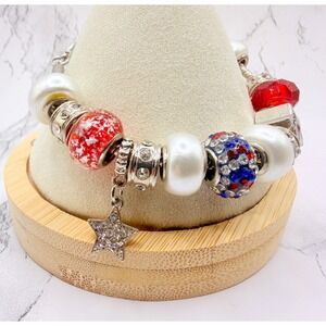 Patriotic Charm Bracelet Red White Blue Rhinestone Pearl Beads I Love USA Stars